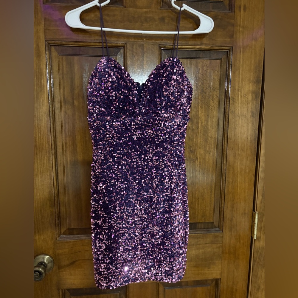 PURPLE SEQUIN SPAGHETTI STRAP DRESS